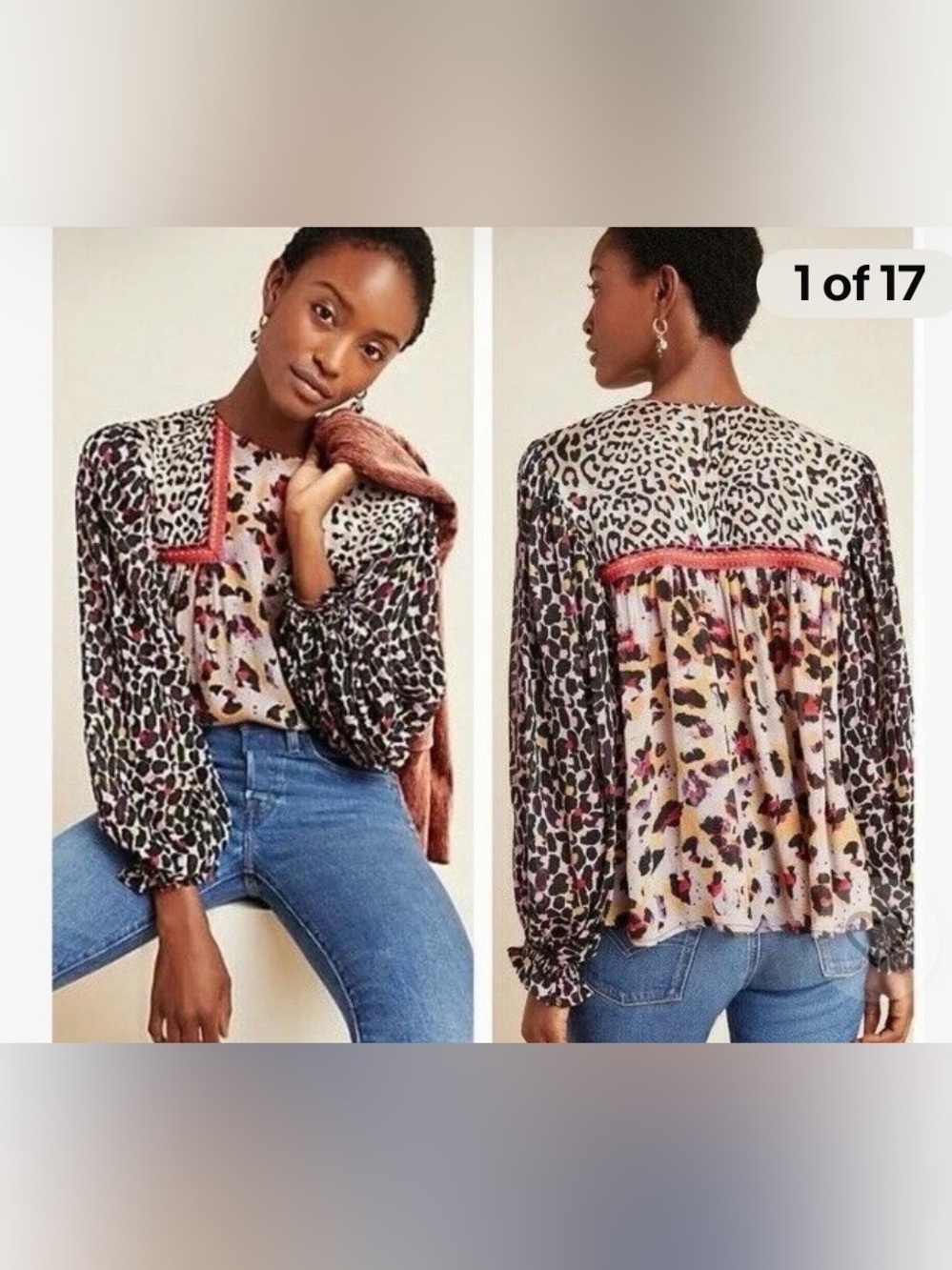 Anthropologie Bl-nk London Peasant Blouse S Joelle Mixed Animal Print Boho Chic